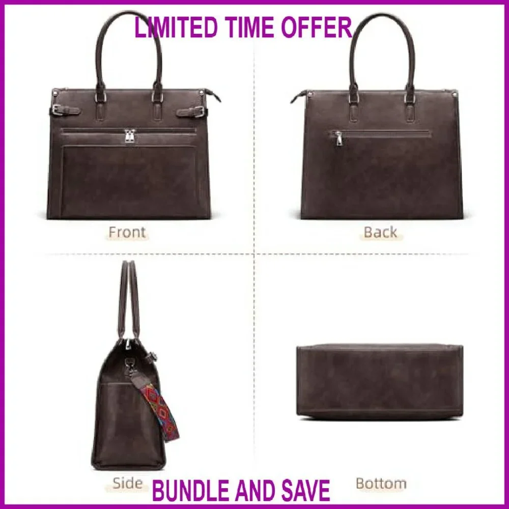 15.6 Inch Vegan Leather Laptop Tote Bag with 9 Pockets, Shoulder & Handbag